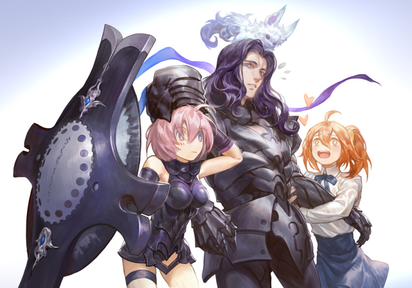 1boy 2girls ahoge artoria_pendragon_(all) black_armor blush cosplay creature creature_on_head dress eyebrows_visible_through_hair fate/grand_order fate/zero fate_(series) fou_(fate/grand_order) fujimaru_ritsuka_(female) hangleing headwear_removed heart helmet helmet_removed holding holding_shield holding_weapon knight lancelot_(fate/zero) long_hair mash_kyrielight multiple_girls orange_hair pink_hair purple_hair saber saber_(cosplay) shield short_hair simple_background star star-shaped_pupils symbol-shaped_pupils weapon