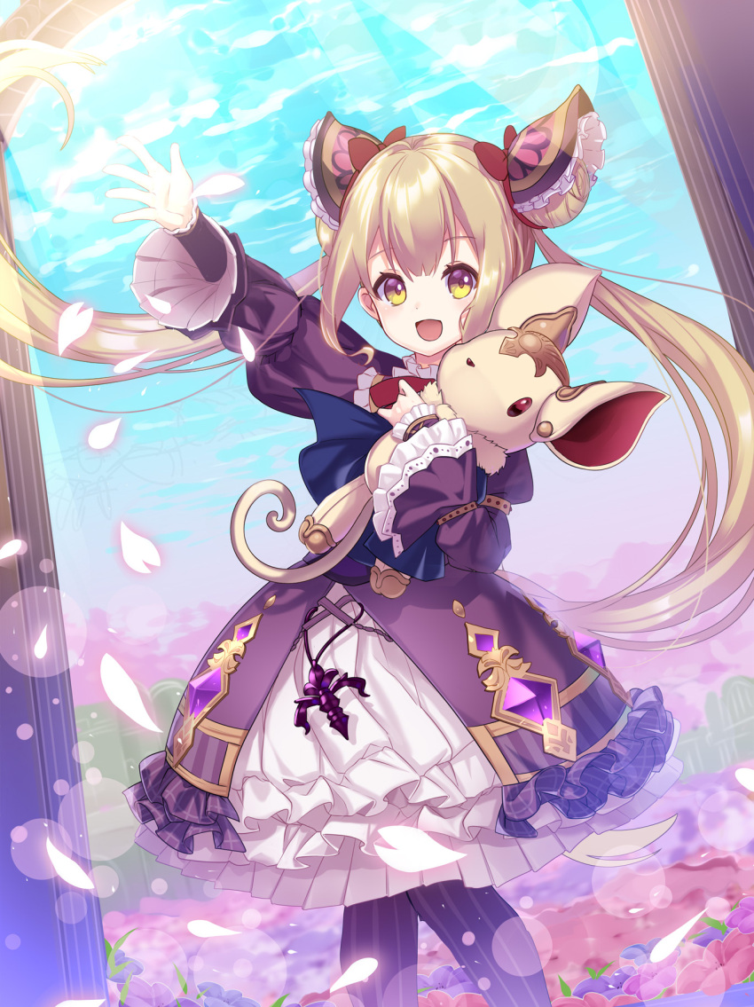 1girl :d bangs blonde_hair blue_sky blush bow brown_eyes clouds commentary_request day double_bun dress eyebrows_visible_through_hair flower hair_between_eyes hair_bow hair_ornament highres lolita_fashion long_hair long_sleeves looking_at_viewer luna_(shadowverse) nyori object_hug open_mouth pantyhose petals pink_flower purple_dress purple_flower purple_legwear red_bow shadowverse side_bun sidelocks sky smile solo striped striped_legwear stuffed_animal stuffed_toy twintails vertical-striped_legwear vertical_stripes very_long_hair wide_sleeves