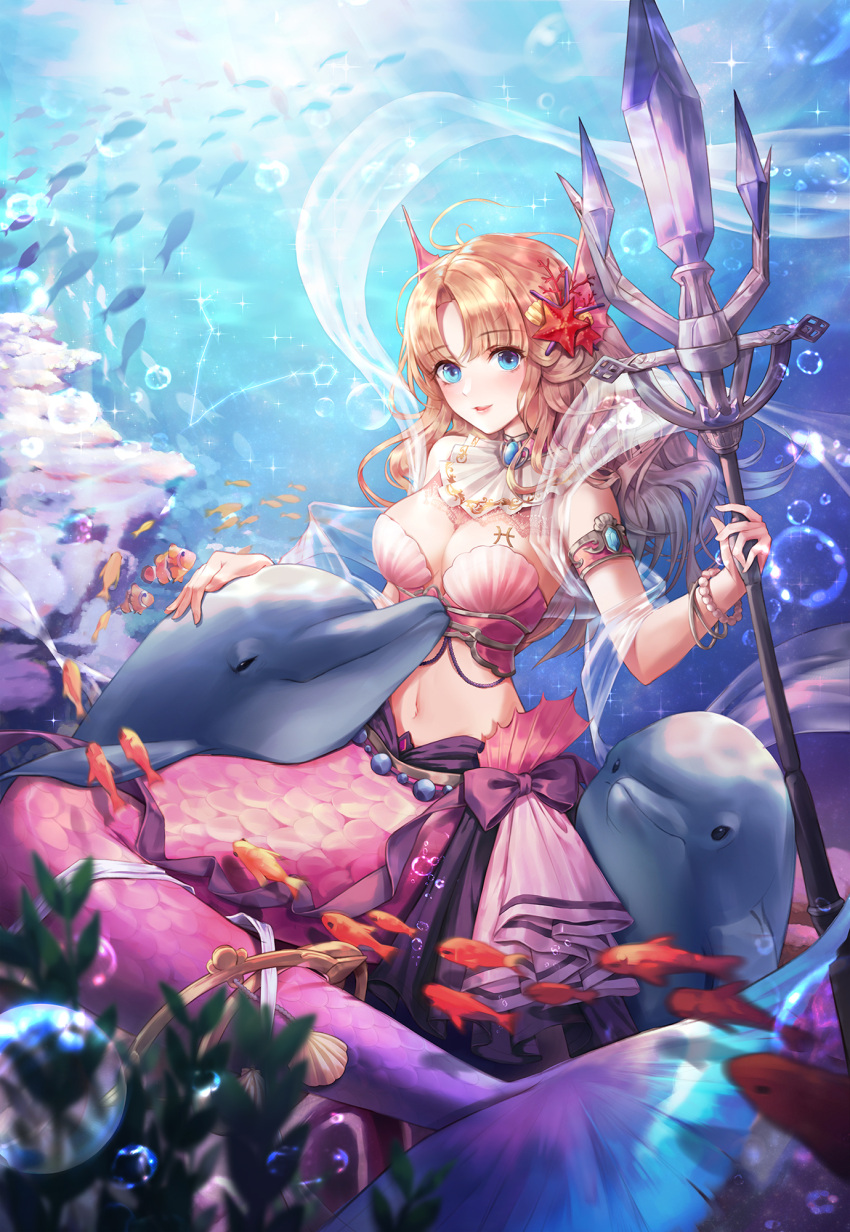 1girl blonde_hair blue_eyes breasts cleavage dolphin eyebrows_visible_through_hair highres holding holding_weapon kone_(user_rcvz8745) large_breasts long_hair mermaid midriff monster_girl navel original parted_lips see-through solo starfish_hair_ornament stomach underwater weapon