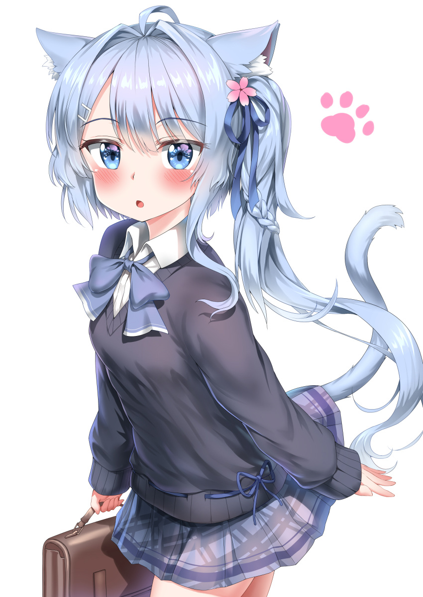 1girl :o absurdres animal_ears asashio_(azur_lane) azur_lane bag bangs black_shirt blue_eyes blue_neckwear blue_ribbon blush bow bowtie braid breasts cat_ears cat_girl cat_tail collared_shirt commentary_request cowboy_shot eyebrows_visible_through_hair flower hair_between_eyes hair_flower hair_ornament hair_ribbon hairclip highres holding holding_bag light_blue_hair long_hair long_sleeves looking_at_viewer nedia_(nedia_region) parted_lips paw_print pink_flower plaid plaid_skirt pleated_skirt purple_skirt ribbon school_bag school_uniform shirt side_ponytail simple_background skirt sleeves_past_wrists small_breasts solo sweater tail white_background white_shirt