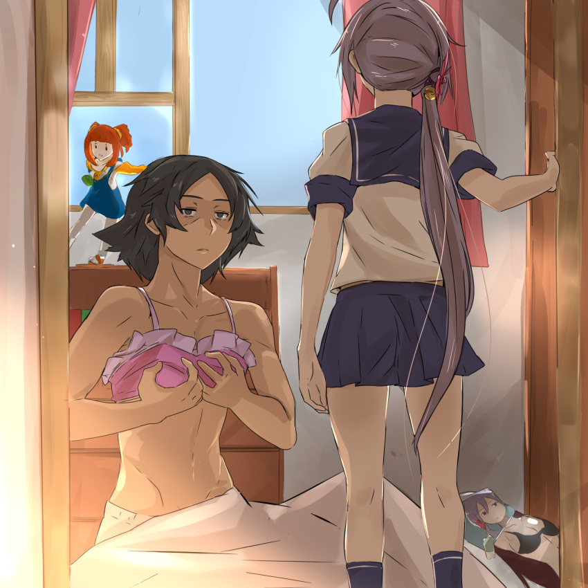 1boy 1girl admiral_(kantai_collection) akebono_(kantai_collection) arm_at_side black_eyes black_hair cafekun commentary_request dakimakura_(object) expressionless from_behind highres idolmaster idolmaster_(classic) indoors kantai_collection kimi_no_na_wa long_hair looking_at_another parody pervert photo_(object) pillow purple_hair self_fondle short_sleeves side_ponytail skirt standing takatsuki_yayoi very_long_hair walk-in window