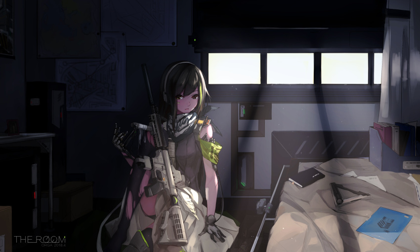 1girl absurdres arm_support armband assault_rifle bandaid bangs bed black_hair black_legwear book breasts brown_eyes brown_hair clothes_around_waist damaged eyebrows_visible_through_hair girls_frontline gloves gun hand_up headphones highres holding indoors jacket jacket_around_waist knee_up light_rays long_hair looking_at_viewer m4_carbine m4a1_(girls_frontline) multicolored_hair open_mouth orga_(pixiv13765813) rifle scarf sidelocks sitting solo streaked_hair text thigh-highs thighs torn_clothes walkie-talkie weapon