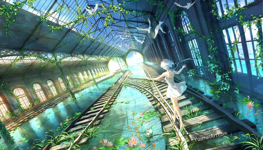 1girl back balancing bare_shoulders bird day dove dress facing_away fish flower from_behind highres light_rays lotus ocean original outdoors outstretched_arms plant railroad_tracks reflection ruins short_dress short_hair solo spread_arms standing train_station walking water_surface watermark web_address wenqing_yan white_dress white_hair