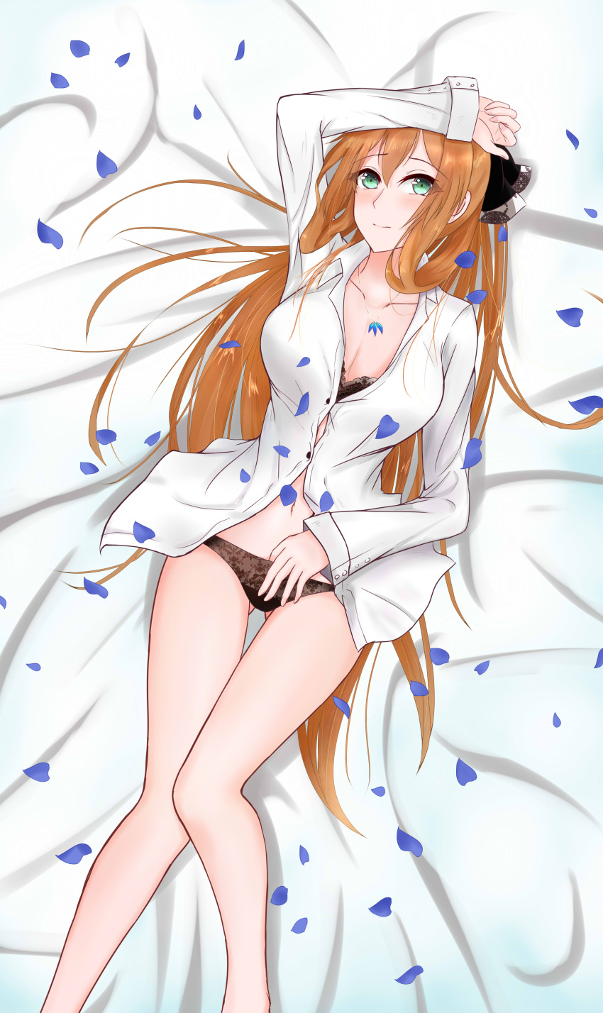 1girl absurdres arm_above_head bangs bare_legs bed_sheet black_bra black_panties blush bra breasts brown_hair cleavage collarbone collared_shirt eyebrows_visible_through_hair eyes_visible_through_hair girls_frontline gluteal_fold green_eyes hair_between_eyes hair_ribbon hair_rings hand_on_own_stomach head_tilt highres hiroshi jewelry knees_together_feet_apart large_breasts lingerie long_hair long_sleeves looking_at_viewer lying m1903_springfield_(girls_frontline) navel necklace on_back on_bed panties petals ponytail ribbon shirt sidelocks smile solo stomach thighs underwear white_shirt