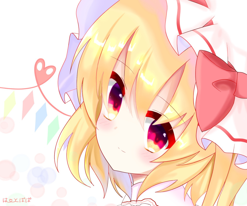 1girl blonde_hair blush bow bubble_background closed_mouth collared_shirt commentary_request eyebrows_visible_through_hair face flandre_scarlet from_behind gem gradient_eyes hair_between_eyes hat hat_bow head_tilt heart heart_of_string highres kkk_(user_hdee2744) light_smile looking_at_viewer mob_cap multicolored multicolored_eyes portrait red_bow red_eyes shirt short_hair side_ponytail solo touhou translation_request white_background white_hat yellow_eyes