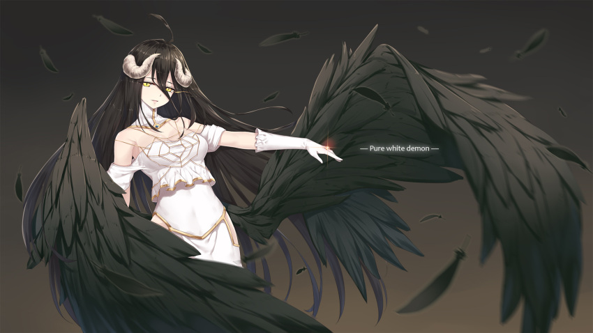 1girl albedo black_background black_feathers black_hair black_wings breasts choker cleavage cowboy_shot dress elbow_gloves feathered_wings floating_hair gloves glowing glowing_eye hair_between_eyes highres horns long_hair medium_breasts neps-l overlord_(maruyama) parted_lips solo standing strapless strapless_dress very_long_hair white_dress white_gloves wings yellow_eyes