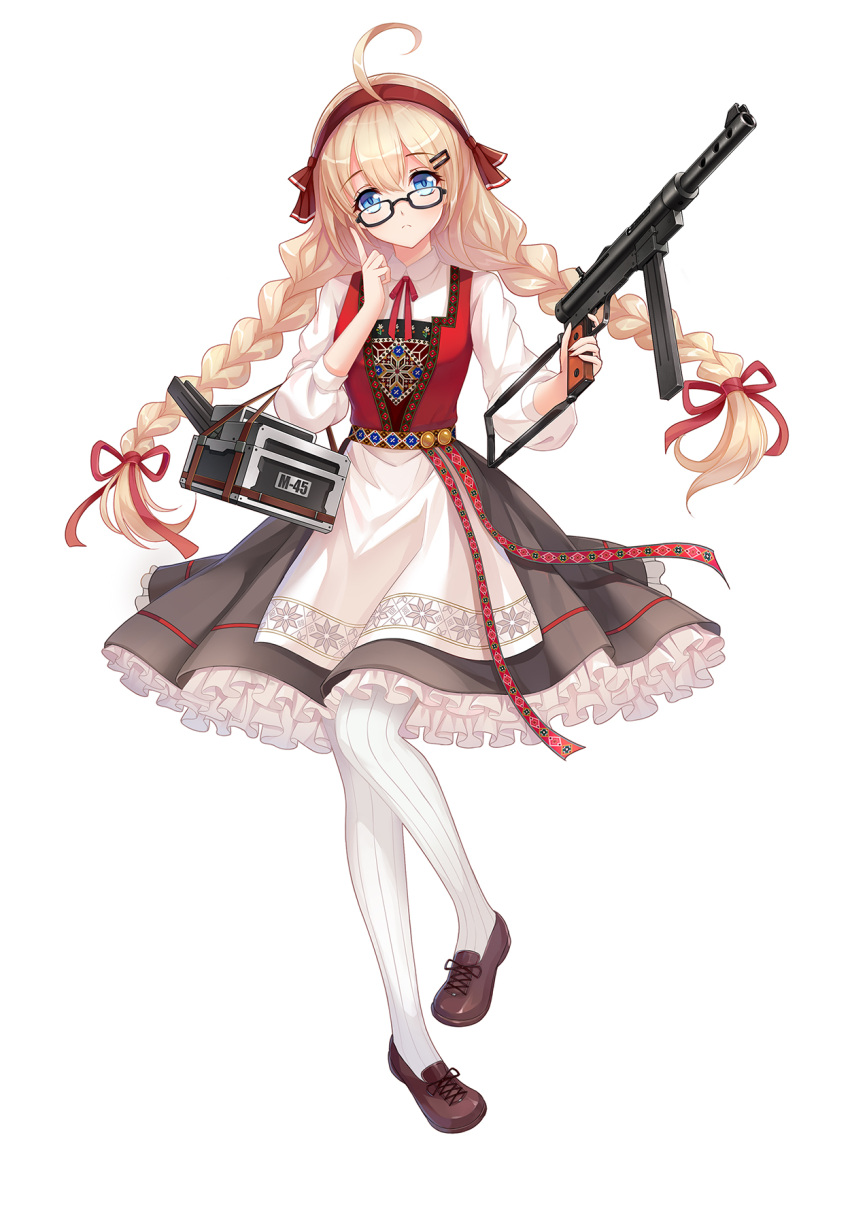 1girl ahoge black-framed_eyewear blonde_hair blue_eyes braid brown_footwear character_name frilled_skirt frills full_body girls_frontline glasses gun hair_ornament hairband hairclip highres holding holding_gun holding_weapon long_sleeves looking_at_viewer m45 m45_(girls_frontline) neck_ribbon official_art pantyhose red_neckwear red_ribbon red_vest ribbed_legwear ribbon semi-rimless_eyewear shirt shoes simple_background skirt solo standing standing_on_one_leg tamaxi twin_braids under-rim_eyewear vest weapon white_background white_legwear white_shirt