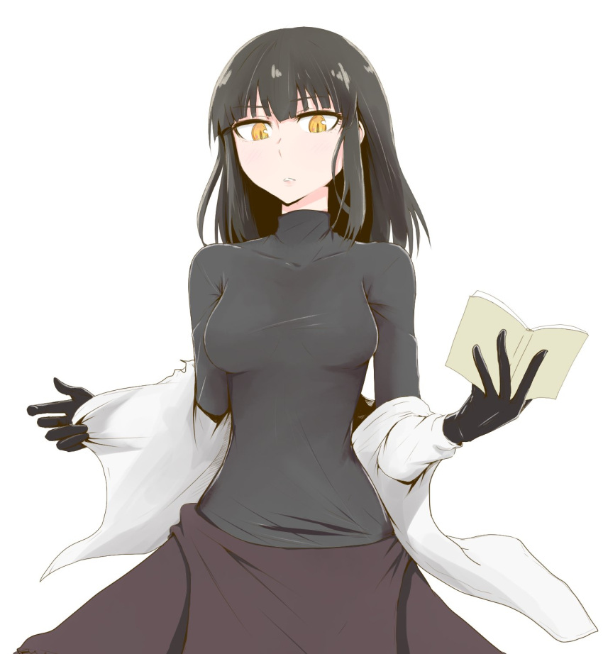 1girl bangs black_gloves black_hair black_shirt blush book breasts character_request coat copyright_request eyebrows_visible_through_hair gloves highres holding jacket_on_shoulders long_hair long_sleeves looking_at_viewer medium_breasts open_book open_clothes open_coat shirt simple_background skin_tight slit_pupils solo turtleneck watermelon_pan white_background