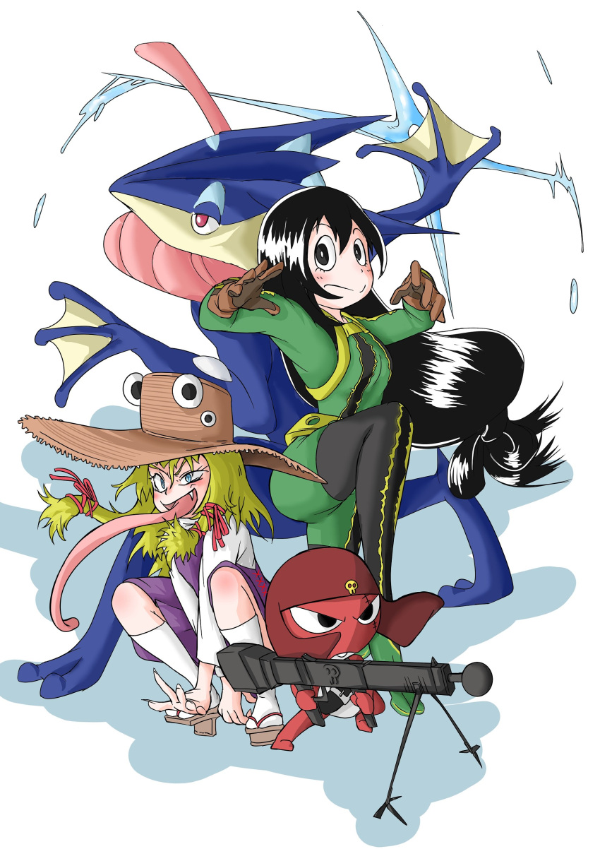 2girls absurdres aiming asui_tsuyu black_eyes black_hair blonde_hair blue_eyes bodysuit boku_no_hero_academia brown_gloves closed_mouth commentary_request crossover doitsuken dress fang frog gen_6_pokemon geta giroro gloves green_bodysuit greninja grin gun hat highres holding holding_gun holding_weapon keroro_gunsou long_sleeves long_tongue looking_at_viewer moriya_suwako multiple_girls pokemon pokemon_(creature) purple_dress shirt smile smirk socks squatting standing standing_on_one_leg tabi tengu-geta tongue touhou trait_connection water weapon white_legwear white_shirt