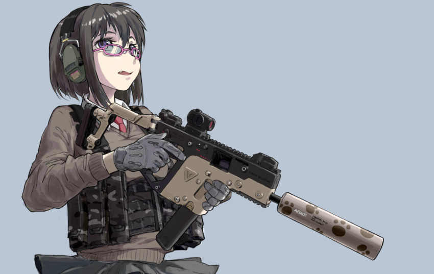 1girl alma01 bob_cut earmuffs fang glasses gloves greyscale gun holding holding_gun holding_weapon kriss_vector load_bearing_vest monochrome necktie original school_uniform short_hair simple_background solo suppressor sweater violet_eyes weapon