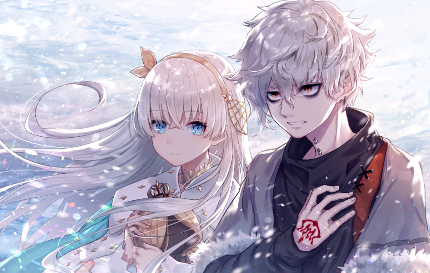 1boy 1girl anastasia_(fate/grand_order) bags_under_eyes bangs black_shirt blue_cloak blue_eyes brown_eyes clenched_teeth cloak command_spell commentary_request crown dress ear_piercing earrings eyebrows_visible_through_hair fate/grand_order fate_(series) fingernails fur-trimmed_jacket fur_trim grey_jacket hair_between_eyes hand_up holding jacket jewelry kadoc_zemlupus light_brown_hair long_hair long_sleeves mini_crown neck_piercing nunucco open_clothes open_jacket outdoors piercing shirt silver_hair snowing teeth very_long_hair white_dress