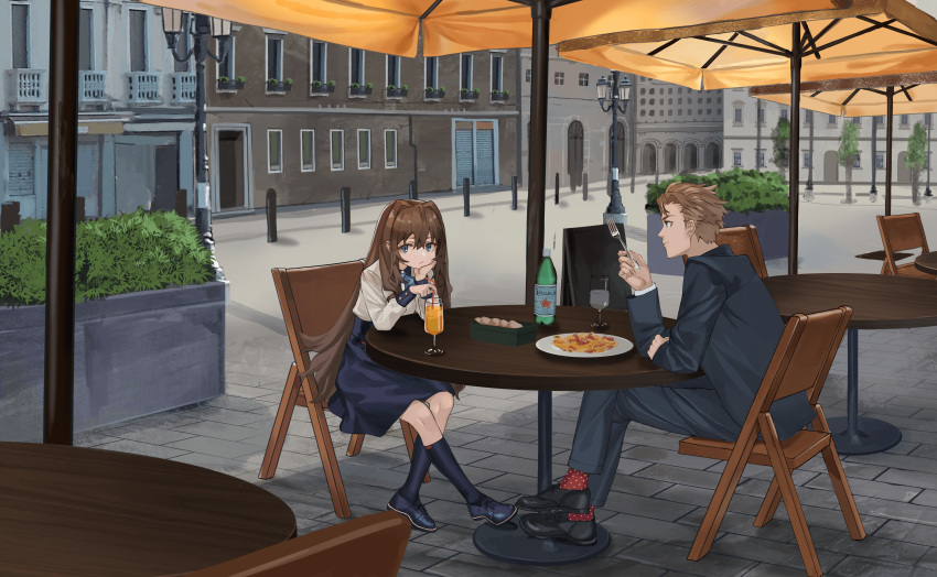 1boy 1girl :t absurdres arm_support bangs bendy_straw black_footwear black_jacket black_legwear black_pants blue_eyes blue_skirt bottle brown_hair chains closed_mouth commentary_request cup drink drinking_glass drinking_straw eating food fork formal hair_between_eyes high-waist_skirt highres holding holding_fork jacket kneehighs lamppost light_brown_hair long_hair long_sleeves luicent on_chair original outdoors pants plate polka_dot polka_dot_legwear profile red_legwear shirt shoes sitting skirt socks suit table very_long_hair white_shirt