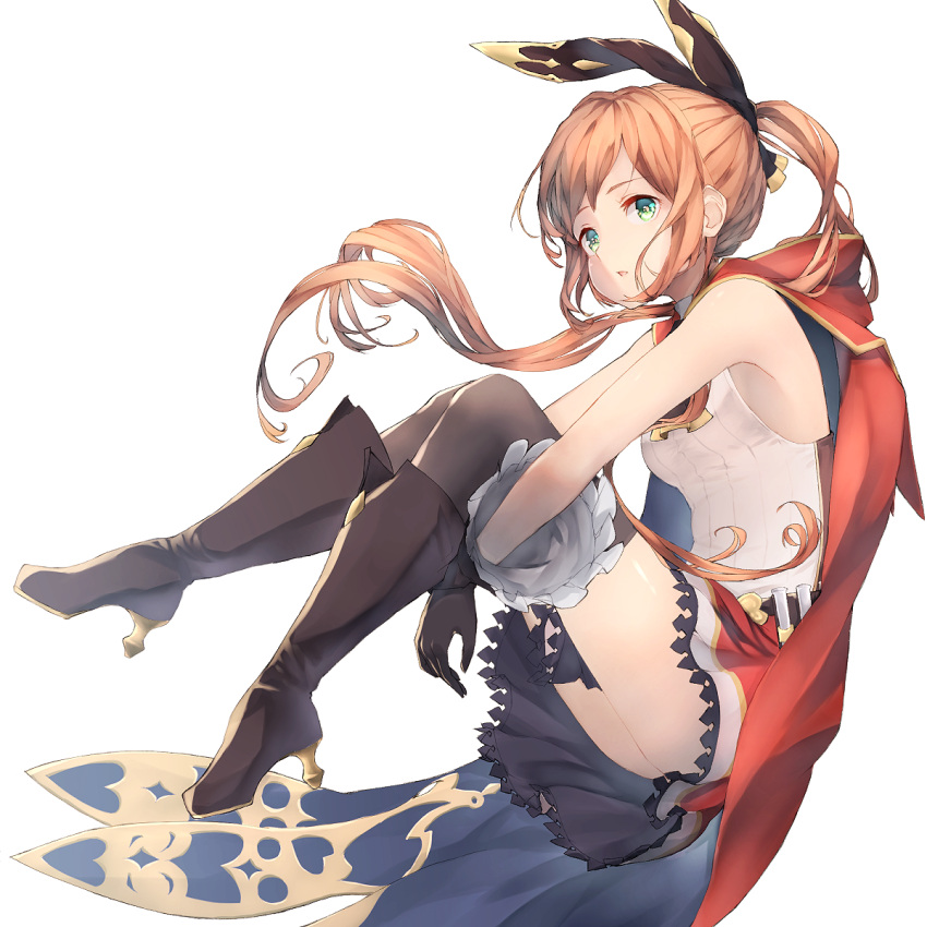 1girl aqua_eyes armpits black_gloves black_legwear black_ribbon brown_hair cape clarisse_(granblue_fantasy) gloves granblue_fantasy green_eyes hair_ribbon high_heels highres long_hair orange_hair ponytail ribbon sleeveless solo test_tube thigh-highs unusablenameaaa