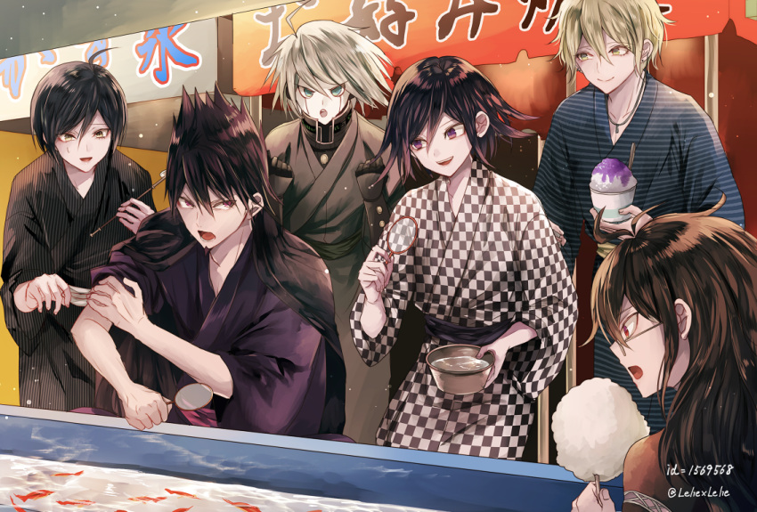 6+boys :d :o adapted_costume ahoge amami_rantarou android antenna_hair aqua_eyes beard black_hair black_jacket black_kimono blonde_hair blue_kimono brown_eyes brown_hair checkered checkered_kimono clenched_hands closed_mouth cotton_candy dangan_ronpa earrings facial_hair festival fish food glasses gokuhara_gonta goldfish goldfish_scooping green_eyes green_hair grey_kimono hair_between_eyes holding holding_food jacket jacket_on_shoulders japanese_clothes jewelry keebo kimono leaning_forward long_sleeves looking_at_viewer male_focus momota_kaito multiple_boys necklace new_dangan_ronpa_v3 open_mouth ouma_kokichi outdoors pinstripe_pattern pixiv_id profile red_eyes saihara_shuuichi sash shaved_ice silver_hair smile spiky_hair spoon standing striped stud_earrings sweatdrop sweets twitter_username unmoving_pattern upper_body vertical-striped_kimono vertical_stripes violet_eyes water wide_sleeves yukata z-epto_(chat-noir86)