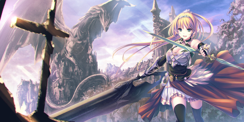 1girl :d armor armored_dress black_gloves black_legwear blonde_hair breastplate breasts choker cleavage dragon dress dual_wielding elbow_gloves eyebrows_visible_through_hair fingerless_gloves floating_hair gloves green_eyes hair_between_eyes hairband highres holding holding_sword holding_weapon large_breasts layered_dress long_hair looking_at_viewer open_mouth original outdoors ponytail short_dress smile solo standing sword tenmaso thigh-highs very_long_hair weapon white_dress zettai_ryouiki