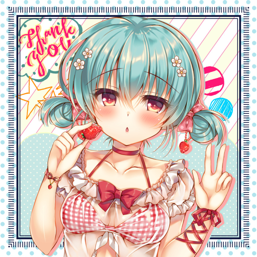 1girl babydoll bangs blue_hair blush bow bra breasts chestnut_mouth collarbone cursive diagonal-striped_background diagonal_stripes double_bun eyebrows_visible_through_hair flower food food_themed_hair_ornament frame frills fruit hair_between_eyes hair_bow hair_flower hair_ornament halter_top halterneck hand_up holding holding_fruit looking_at_viewer original pink_bow plaid plaid_bra polka_dot polka_dot_background polka_dot_bow red_bow red_bra red_eyes red_ribbon ribbon see-through shiny shiny_hair short_hair short_sleeves short_twintails silhouette small_breasts solo star strawberry strawberry_hair_ornament striped striped_background suzune_rena thank_you twintails underwear upper_body w white_babydoll white_background white_flower wrist_ribbon wristband