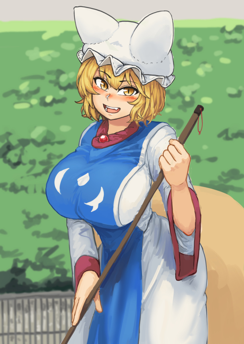 1girl :d blurry blurry_foreground blush breasts chanta_(ayatakaoisii) commentary_request depth_of_field eyebrows_visible_through_hair hat highres huge_breasts long_sleeves open_mouth pillow_hat shirt skirt slit_pupils smile solo standing tabard touhou white_hat white_shirt white_skirt wide_sleeves yakumo_ran