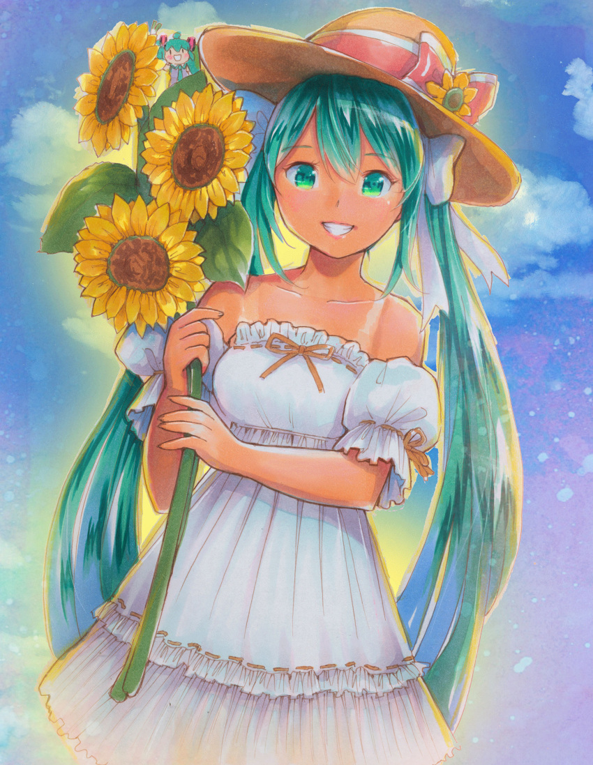 1girl :d absurdres blue_sky bow clouds collar collarbone cowboy_shot day detached_sleeves dress eyebrows_visible_through_hair flower green_eyes green_hair grin hair_between_eyes hair_bow hat hat_flower hat_ribbon hatsune_miku highres holding holding_flower long_hair looking_at_viewer mayo_riyo open_mouth outdoors ribbon ribbon-trimmed_dress ribbon-trimmed_sleeves ribbon_trim sky sleeveless sleeveless_dress smile solo standing strapless strapless_dress straw_hat sundress sunflower tan tanline twintails very_long_hair vocaloid white_bow white_dress yellow_flower yellow_hat