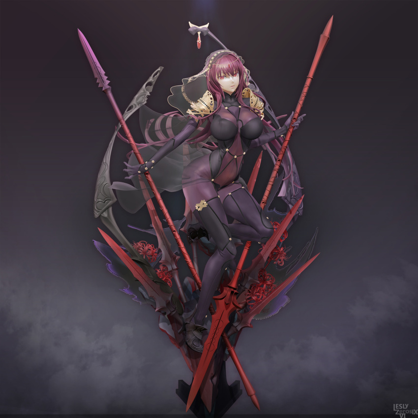 1girl 3d bodysuit breasts fate/grand_order fate_(series) highres large_breasts leslyzerosix long_hair looking_at_viewer pauldrons purple_hair red_eyes scathach_(fate/grand_order) solo veil