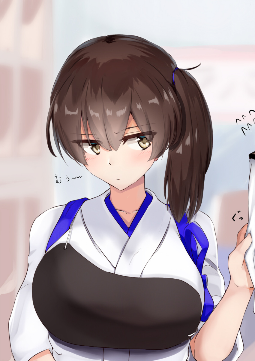 1girl bangs blue_ribbon blurry blurry_background blush breasts brown_hair closed_mouth depth_of_field eyebrows_visible_through_hair flying_sweatdrops hair_tie highres japanese_clothes kaga_(kantai_collection) kantai_collection kimono large_breasts long_hair muneate ninoude_(ninoude44) out_of_frame ribbon side_ponytail sleeve_tug solo_focus tasuki translation_request tsurime upper_body white_kimono yellow_eyes