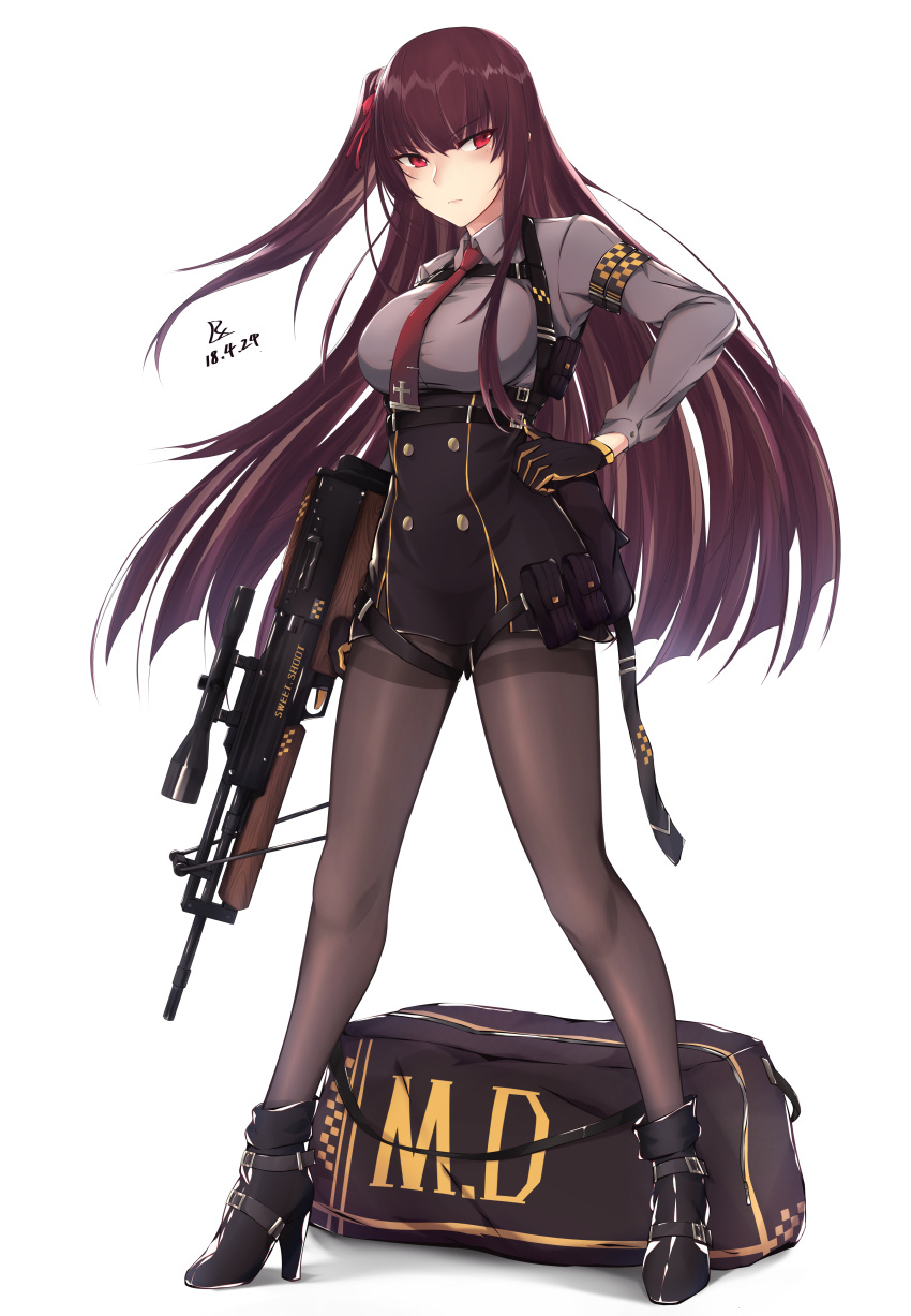 1girl absurdres armband bag bangs bipod black_footwear black_gloves black_legwear black_skirt blazer blunt_bangs blush boots braid breasts brown_hair buckle bullpup buttons closed_mouth collared_shirt dated double-breasted embarrassed eyebrows_visible_through_hair floating_hair framed_breasts french_braid full_body girls_frontline gloves gun hair_between_eyes hair_ribbon half_updo hand_on_hip high-waist_skirt high_heel_boots high_heels highres holding jacket large_breasts long_hair long_sleeves looking_at_viewer multiple_straps necktie one_side_up pantyhose purple_hair purple_shirt red_eyes red_neckwear ribbon rifle shirt shoe_strap shoes sidelocks signature simple_background skirt sniper_rifle solo sports_bag standing strap thigh_strap thighband_pantyhose thighs trigger_discipline tsurime very_long_hair wa2000_(girls_frontline) walther walther_wa_2000 weapon white_background white_shirt zhishi_ge_fangzhang
