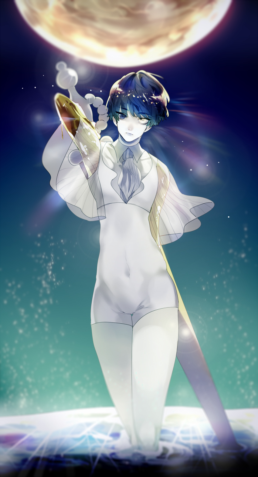 1other absurdres androgynous blue_eyes blue_hair blurry golden_arms heterochromia highres houseki_no_kuni looking_at_viewer moon phosphophyllite phosphophyllite_(ll) see-through short_hair solo spoilers sword water weapon white_eyes