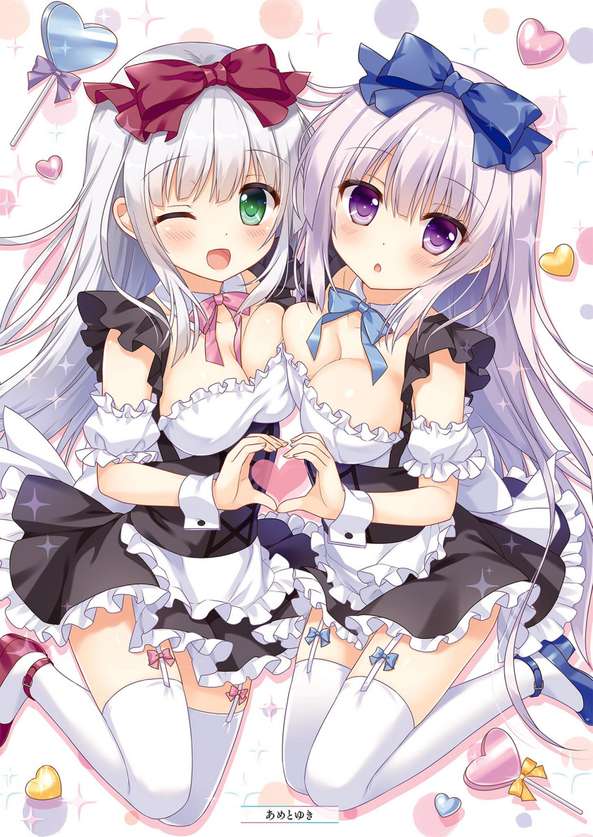 2girls ;d airi_(alice_or_alice) alice_or_alice ameto_yuki apron artist_name asymmetrical_docking blue_bow blue_footwear blush bow breast_press breasts collarbone detached_collar dress frilled_apron frilled_sleeves frills garter_straps green_eyes hair_bow heart heart_hands heart_hands_duo heart_lollipop highres large_breasts lavender_hair legs_up long_hair mary_janes multiple_girls one_eye_closed open_mouth parted_lips puffy_short_sleeves puffy_sleeves red_bow red_footwear rise_(alice_or_alice) shoes short_sleeves siblings silhouette silver_hair sisters smile sparkle thigh-highs twins very_long_hair violet_eyes waist_apron white_apron white_legwear wrist_cuffs