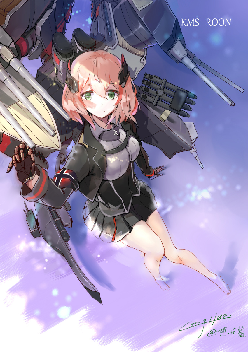 1girl absurdres armband azur_lane balkenkreuz bangs bare_legs barefoot black_skirt breasts brown_gloves cannon character_name closed_mouth commentary_request corset cross crossover english flag_print foreshortening from_above gloves green_eyes gun headgear highres large_breasts long_sleeves looking_at_viewer looking_up machinery metal_gloves miniskirt name_tag norwegian_flag pleated_skirt roon_(azur_lane) shiny shiny_hair signature skirt smile torpedo_tubes turret water weapon wing_collar