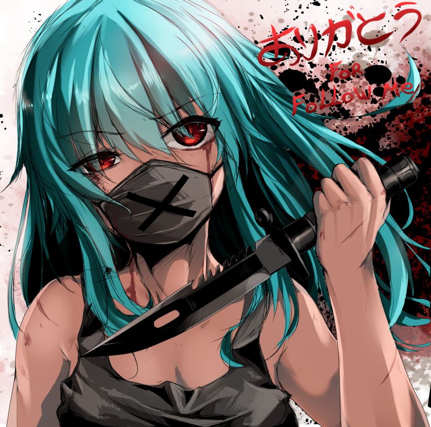 1girl aqua_hair bangs bare_arms bare_shoulders black_tank_top commentary_request cuts eyebrows_visible_through_hair face_mask followers hair_between_eyes head_tilt highres holding holding_knife injury kana616 knife long_hair looking_at_viewer mask original red_eyes solo spanish_commentary tank_top translation_request