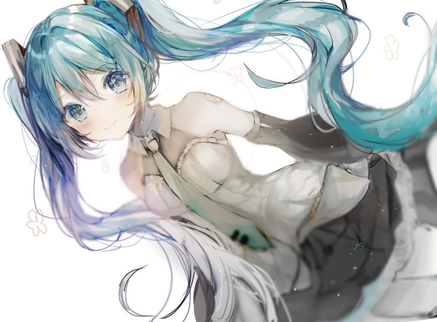 1girl arms_at_sides bangs bare_shoulders black_skirt blue_eyes blue_hair blurry blush breasts closed_mouth depth_of_field detached_sleeves dutch_angle eyebrows_visible_through_hair gradient_neckwear hair_ornament hatsune_miku highres long_hair long_sleeves looking_at_viewer necktie ptmko_d shoulder_tattoo simple_background skirt small_breasts smile solo standing symbol-shaped_pupils tareme tattoo twintails very_long_hair vocaloid white_background