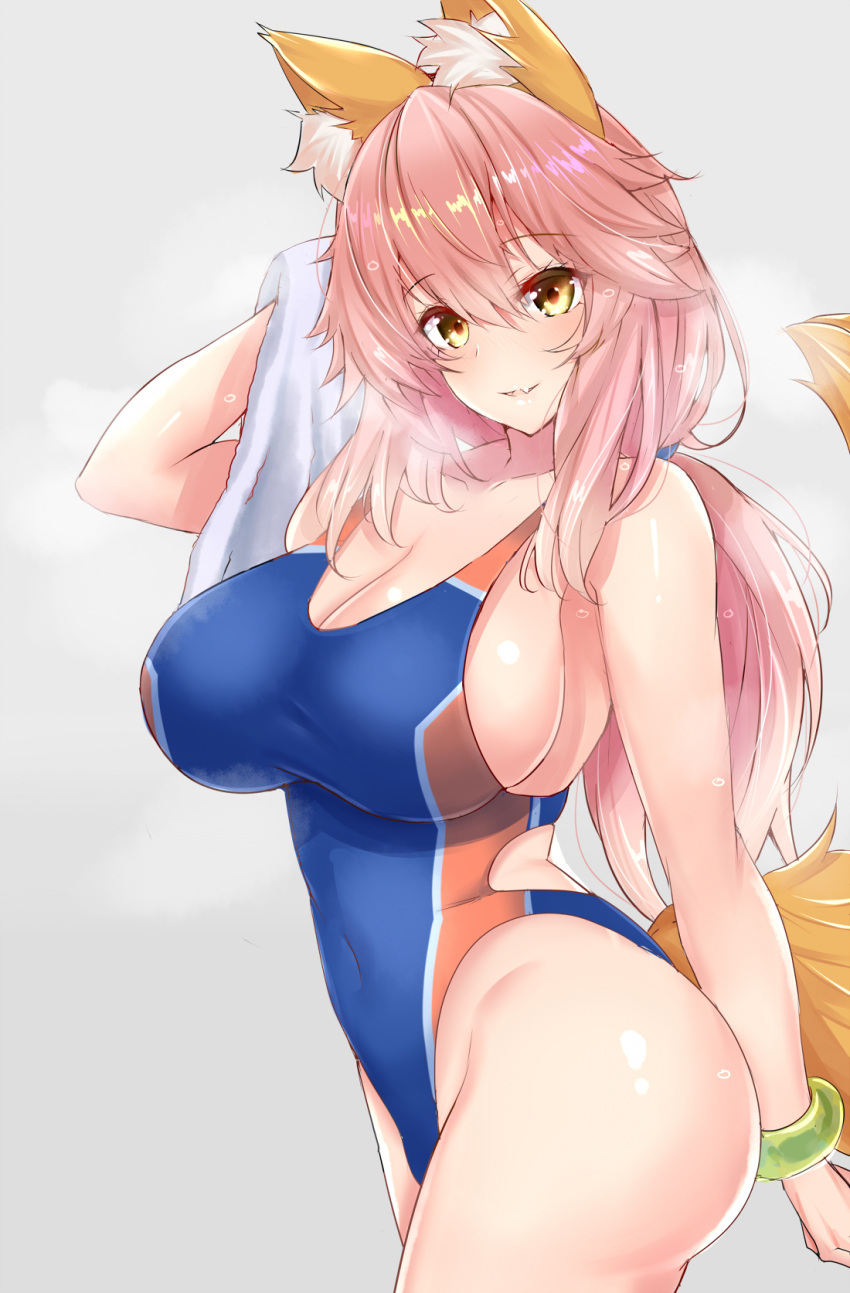 1girl animal_ears bangs bare_shoulders blue_swimsuit blush bracelet breasts cleavage collarbone commentary_request covered_navel eyebrows_visible_through_hair fang fate/extra fate_(series) fox_ears fox_tail hair_between_eyes highres hips jewelry large_breasts long_hair looking_at_viewer one-piece_swimsuit pink_hair ponytail sankakusui shiny shiny_skin sideboob sidelocks simple_background smile solo swimsuit tail tamamo_(fate)_(all) tamamo_no_mae_(fate) thighs towel waist yellow_eyes