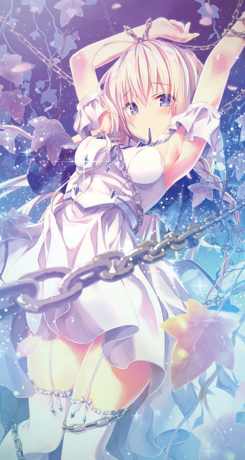 1girl arm_strap armpits arms_up blue_eyes blue_ribbon breasts chains cross_connect eyebrows_visible_through_hair from_above garter_straps hair_between_eyes highres konomi_(kino_konomi) leaf long_hair looking_at_viewer lying mouth_hold on_back ribbon ribbon_in_mouth shiny shiny_skin shirt silver_hair skirt sleeveless sleeveless_shirt small_breasts solo thigh-highs white_legwear white_shirt white_skirt