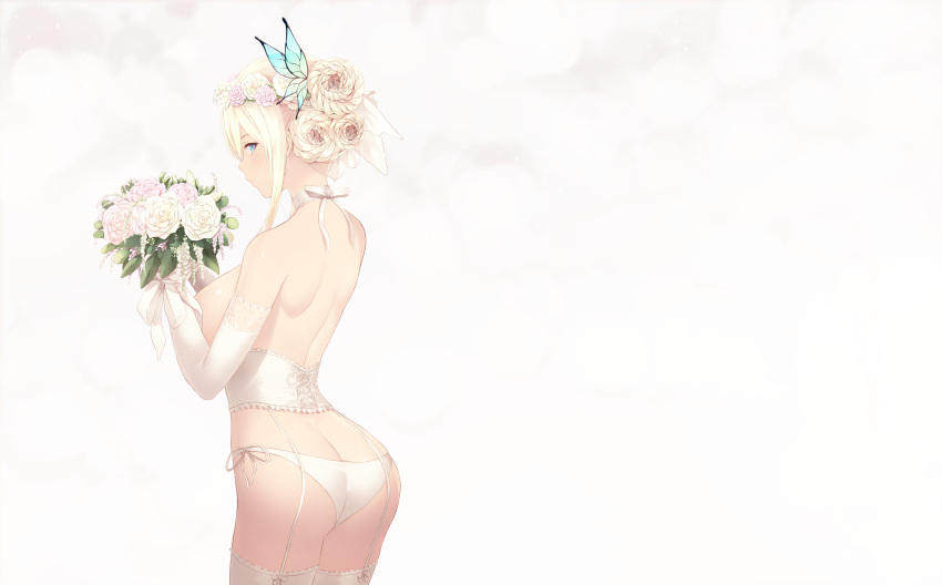 1girl absurdres alternate_hairstyle bare_shoulders blonde_hair blue_eyes boku_wa_tomodachi_ga_sukunai bouquet braid braided_bun breasts butt_crack butterfly_hair_ornament cait choker commentary cowboy_shot flower from_behind garter_belt garter_straps hair_bun hair_flower hair_ornament hair_up highres ies kashiwazaki_sena large_breasts looking_back panties shoulder_blades side-tie_panties side_bun sidelocks sideways_glance simple_background solo thigh-highs tied_hair underwear underwear_only white_choker white_flower white_legwear