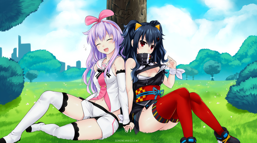2girls :o a.i._channel bare_shoulders black_dress black_hair blush bow breasts cleavage closed_eyes closed_mouth collarbone cosplay dress female forest full_body hair_ornament hair_ribbon hairband hand_holding highres japanese_clothes kaguya_luna kaguya_luna_(character) kaguya_luna_(character)_(cosplay) kimono kizuna_ai kizuna_ai_(cosplay) long_hair looking_at_viewer medium_breasts multiple_girls nature navel nepgear neptune_(series) open_mouth outdoors purple_hair red_eyes ribbon sereneandsilent shoes short_shorts shorts sitting sky smile tears thigh-highs thighs tongue tree uni_(choujigen_game_neptune) virtual_youtuber yuri zettai_ryouiki