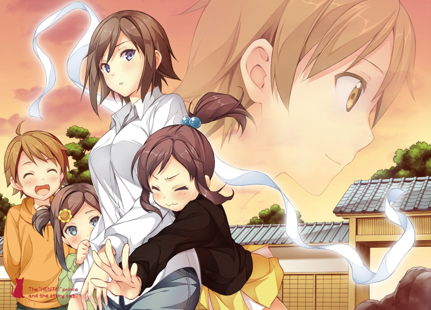 2boys 3girls ahoge arms_behind_back black_sweater blue_eyes brown_eyes brown_hair closed_eyes floating_hair flower green_eyes grey_pants hair_bobbles hair_flower hair_ornament hentai_ouji_to_warawanai_neko. high_ponytail highres kantoku long_hair looking_at_viewer miniskirt multiple_boys multiple_girls one_side_up open_mouth orange_sweater outdoors pants parted_lips pleated_skirt shirt short_hair sidelocks skirt smile standing sunflower sunset sweater tsutsukakushi_tsukasa tsutsukakushi_tsukiko tsutsukakushi_tsukushi white_shirt yellow_skirt yokodera_youto