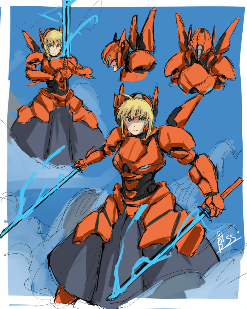 1girl blonde_hair byboss crossover dual_wielding energy_sword fate/stay_night fate_(series) green_eyes highres mecha mecha_musume namesake pacific_rim:_uprising saber_(fate/prototype) saber_athena short_hair sword weapon