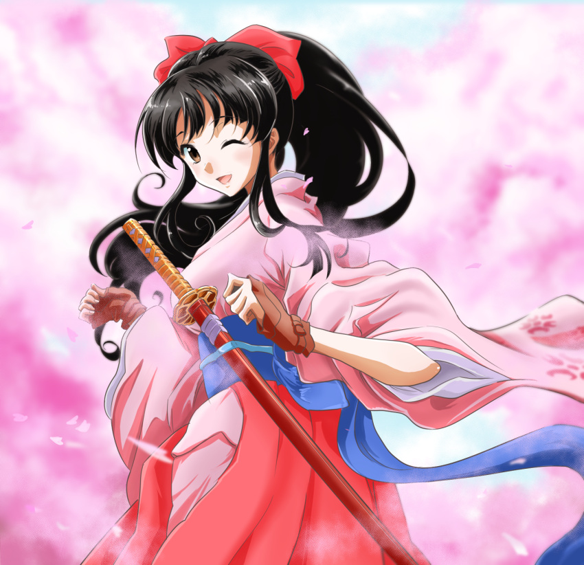 1girl :d black_hair bow brown_eyes cherry_blossom_print cherry_blossoms commentary_request fingerless_gloves gloves hair_bow highres japanese_clothes juuzou_(amayuu112) katana kimono long_hair looking_at_viewer looking_back one_eye_closed open_mouth petals ponytail red_bow sakura_taisen scabbard sheath sheathed shinguuji_sakura smile solo sword weapon