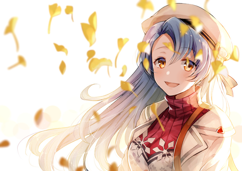 1girl :d bangs beret blue_hair blurry coat depth_of_field eyebrows_visible_through_hair floating_hair ginkgo granblue_fantasy hat highres long_hair looking_at_viewer myusha open_clothes open_coat open_mouth parted_bangs red_sweater smile solo sophia_(granblue_fantasy) sweater tareme turtleneck turtleneck_sweater upper_body yellow_eyes