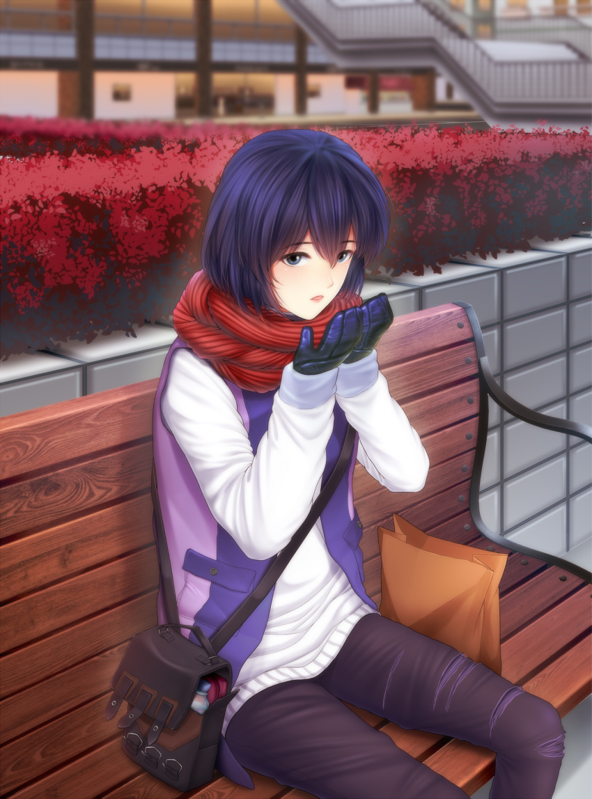 1girl bag baiyin black_gloves black_pants blue_eyes blue_hair blurry blurry_background day gloves hair_between_eyes handbag hands_up highres jacket looking_at_viewer open_mouth original outdoors pants paper_bag red_scarf scarf scenery short_hair sitting_on_bench upper_body