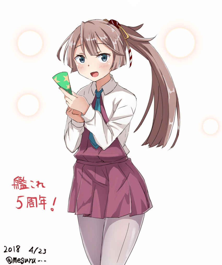 1girl anniversary brown_hair commentary_request dated green_neckwear grey_eyes grey_legwear hair_ribbon halterneck highres kantai_collection kazagumo_(kantai_collection) long_hair looking_at_viewer meguru_(megurunn) necktie open_mouth pantyhose party_popper ponytail ribbon simple_background solo twitter_username white_background