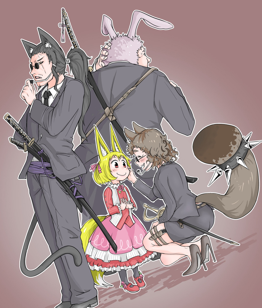 2boys 2girls animal_ears black_jacket black_legwear black_pants blonde_hair blush bodyguard brown_footwear brown_hair cat_ears cat_tail child closed_eyes closed_mouth commentary_request doitsuken dutch_angle fox_ears fox_tail hair_ribbon high_heels highres jacket katana microphone multiple_boys multiple_girls original own_hands_together pants pantyhose pencil_skirt pink_ribbon pink_skirt rabbit_ears raccoon_ears raccoon_tail rapier red_eyes red_footwear ribbon scabbard scar scar_across_eye sheath short_hair skirt smile spikes squatting sunglasses sword tail vest weapon weapon_on_back