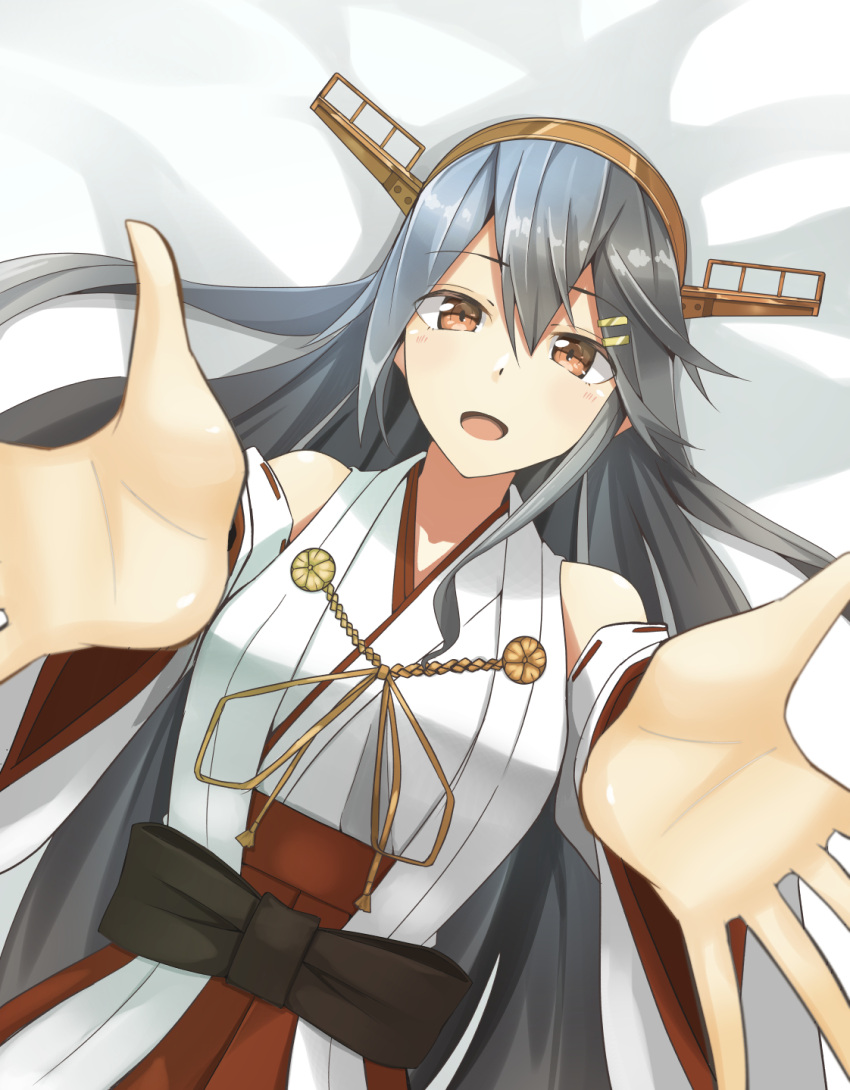 1girl :d bare_shoulders black_hair breasts brown_eyes close-up commentary_request detached_sleeves eyebrows_visible_through_hair from_above grey_hair hair_between_eyes hair_ornament hairband hairclip haruna_(kantai_collection) headgear highres kantai_collection large_breasts long_hair looking_at_viewer looking_up negahami nontraditional_miko open_mouth outstretched_arms reaching remodel_(kantai_collection) revision smile solo