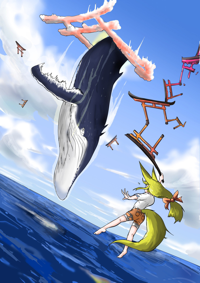 1girl absurdres animal_ears barefoot blonde_hair blue_sky clouds cloudy_sky commentary_request doitsuken dutch_angle facing_away falling flying_sweatdrops fox_ears fox_tail from_behind highres horizon long_hair ocean orange_shorts original outdoors portal_(object) shirt short_shorts short_sleeves shorts sky solo tail torii whale white_shirt