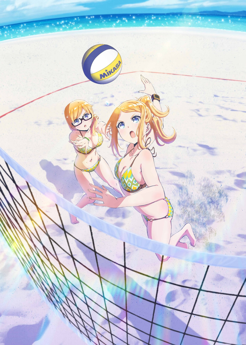 2girls beach beach_volleyball bikini blonde_hair blue_eyes bracelet breasts claire_thomas clouds emily_thomas glasses harukana_receive highres jewelry jumping legs lens_flare medium_breasts multiple_girls navel o-ring_bikini ocean official_art open_mouth outstretched_arm ponytail sand semi-rimless_eyewear sky swimsuit volleyball_net watch