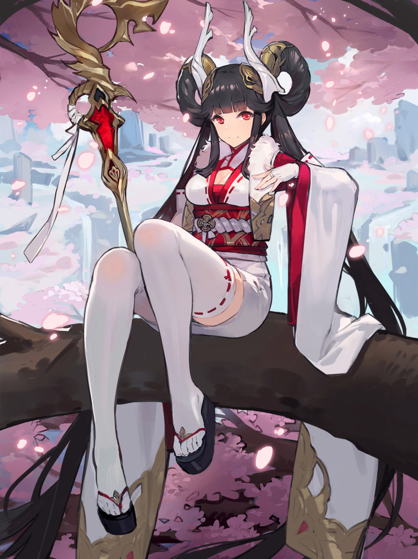 1girl absurdly_long_hair bangs black_hair blunt_bangs breasts bridal_gauntlets cherry_blossoms cleavage closed_eyes detached_sleeves eyebrows_visible_through_hair fingerless_gloves gloves hair_rings highres horns japanese_clothes kimono kishiyo long_hair looking_at_viewer medium_breasts obi outdoors petals red_eyes ribbon-trimmed_legwear ribbon-trimmed_sleeves ribbon_trim sandals sash shadowverse short_kimono sidelocks sitting smile solo thigh-highs toes twintails very_long_hair white_gloves white_legwear