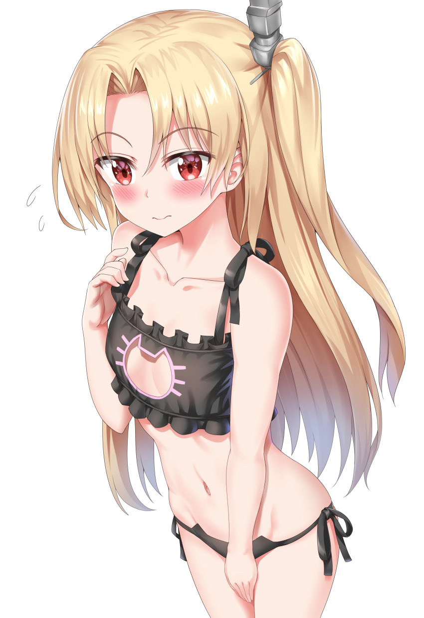 1girl absurdres azur_lane bangs black_bra black_panties blonde_hair blush bra breasts cat_lingerie cleveland_(azur_lane) closed_mouth collarbone commentary_request covering covering_crotch eyebrows_visible_through_hair flying_sweatdrops hair_ornament hand_up highres legs_together long_hair looking_at_viewer meme_attire navel nedia_(nedia_region) one_side_up panties parted_bangs red_eyes side-tie_bottom side-tie_panties simple_background small_breasts solo standing underwear underwear_only very_long_hair white_background