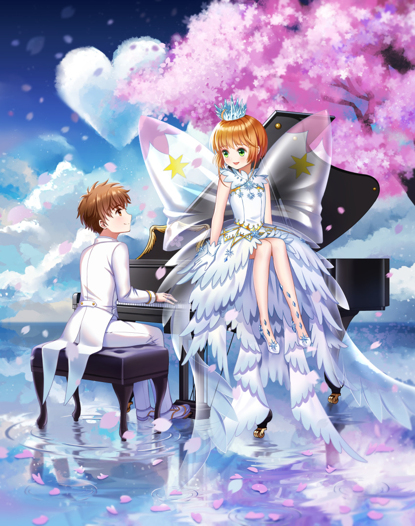 1boy 1girl :d absurdres ahoge blue_sky brown_eyes brown_hair card_captor_sakura cherry_blossoms clouds crown day dress eye_contact eyebrows_visible_through_hair flower gloves green_eyes heart heart-shaped_cloud heavenlove highres instrument kinomoto_sakura li_xiaolang looking_at_another music open_mouth outdoors pants piano pink_flower playing_instrument reflecting_pool short_hair_with_long_locks sidelocks sitting sitting_on_piano sky sleeveless sleeveless_dress smile spiky_hair star star_print tree tuxedo water white_dress white_gloves white_pants