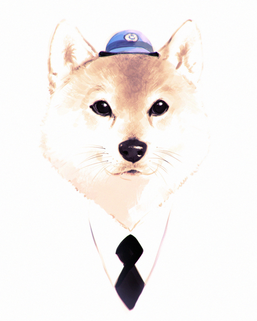 animal black_eyes black_neckwear clothed_animal commentary_request dog hat highres ilya_kuvshinov looking_at_viewer necktie no_humans original police_hat shiba_inu shirt solo whiskers white_shirt
