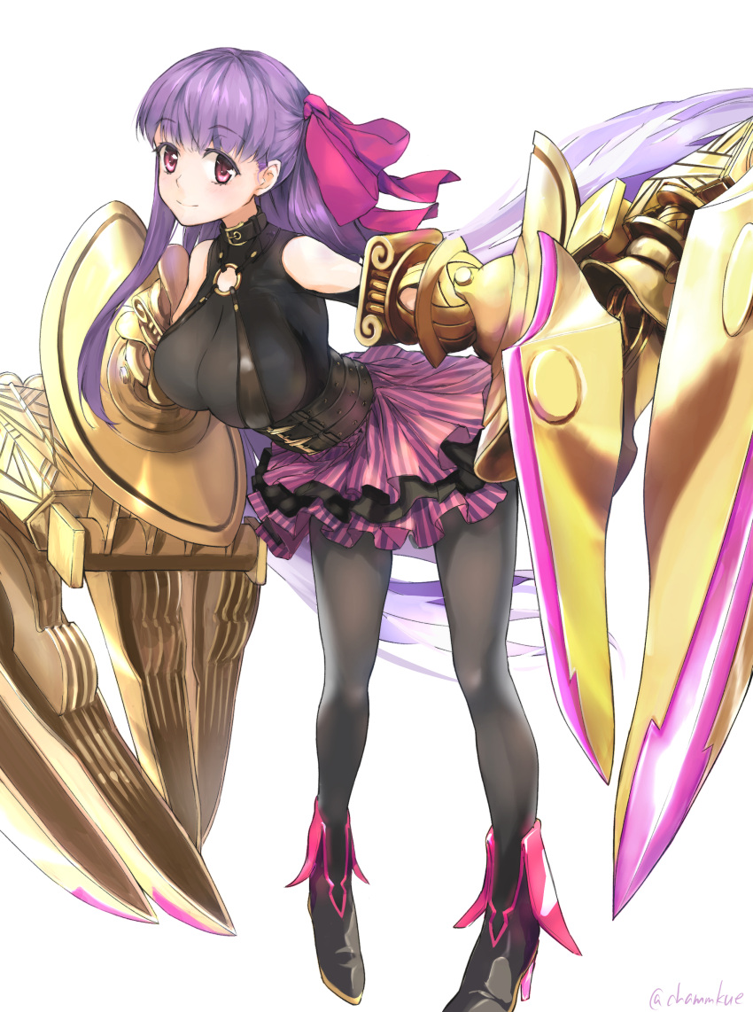 1girl absurdres belt_collar blush bow breasts chamu_(chammkue) fate/extra fate/extra_ccc fate/grand_order fate_(series) hair_ribbon highres large_breasts long_hair looking_at_viewer o-ring_top pantyhose passion_lip pink_eyes purple_hair ribbon shoulder_cutout skirt smile solo twitter_username very_long_hair