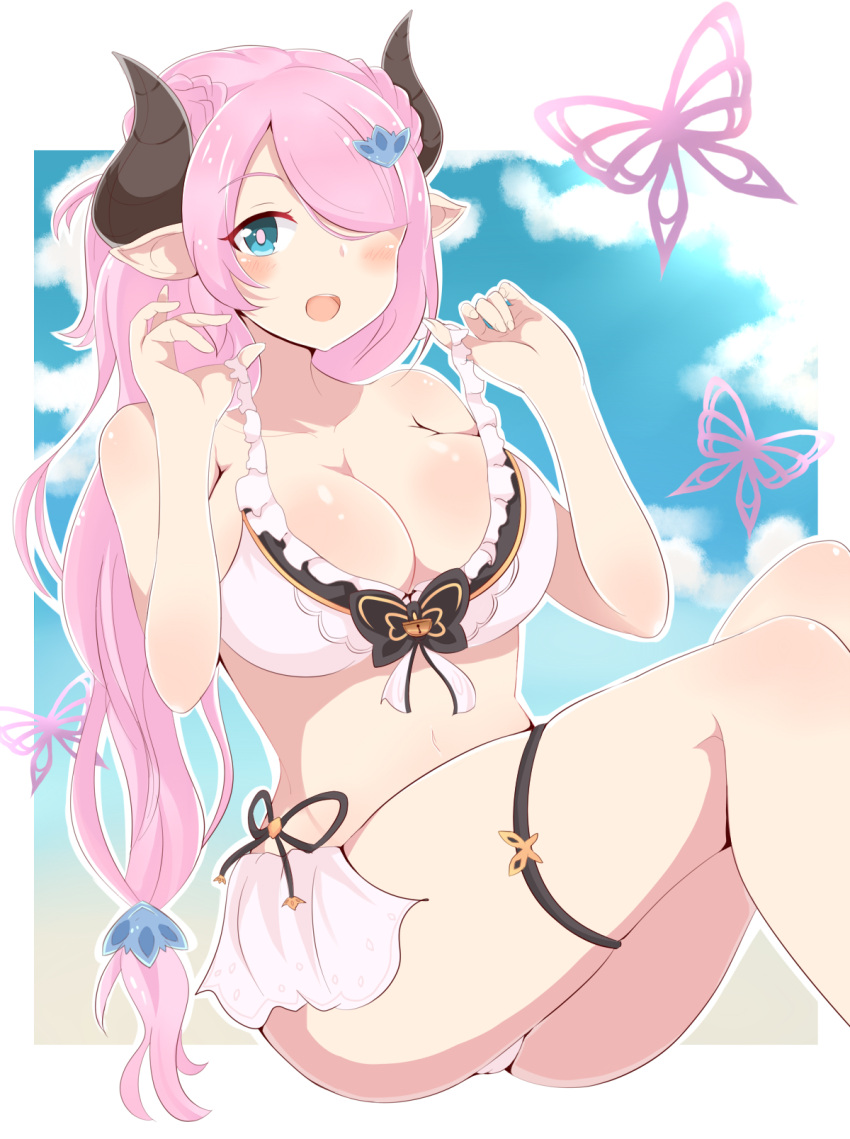 1girl :d arlonn bare_arms bare_shoulders bikini black_ribbon blue_sky blush body_blush breasts bug butterfly cleavage clouds day draph feet_out_of_frame frilled_bikini_top granblue_fantasy hair_ornament hair_over_one_eye hairpin hands_up highres horns insect knees_together_feet_apart large_breasts lifted_by_self long_hair low-tied_long_hair narmaya_(granblue_fantasy) open_mouth outside_border pink_hair pink_pupils ponytail ribbon shiny shiny_hair sitting sky smile solo stomach strap_lift swimsuit tareme thigh_strap very_long_hair white_bikini